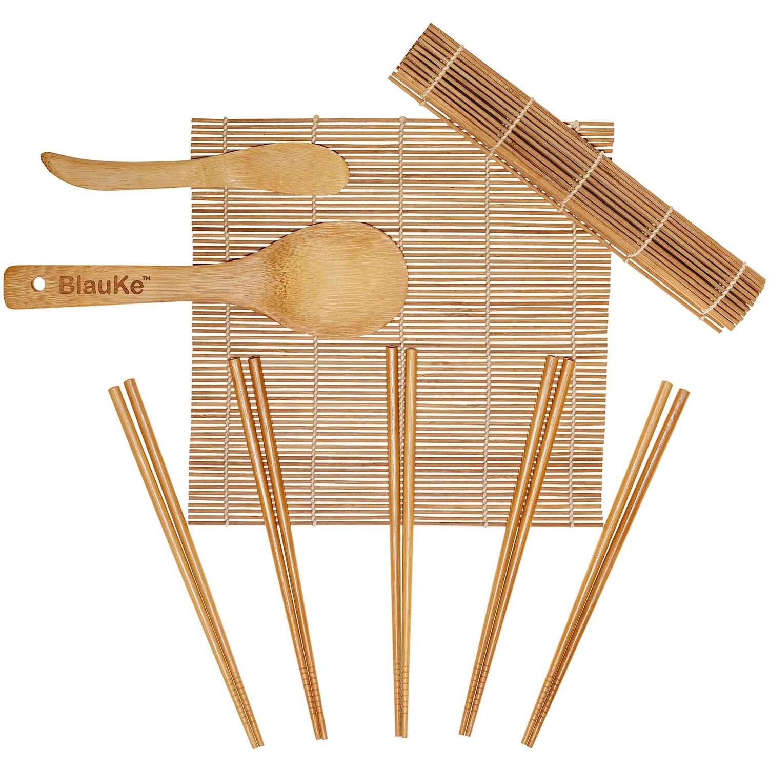 BlauKe Sushi Making Kit - 2 Bamboo Sushi Rolling Mats, 5 Pairs Chopsticks, Rice Paddle, Spreader - Beige