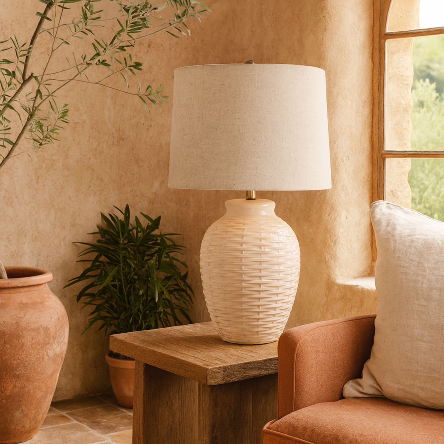 Image of Gordes Basketweave Ceramic Table Lamp with&hellip;