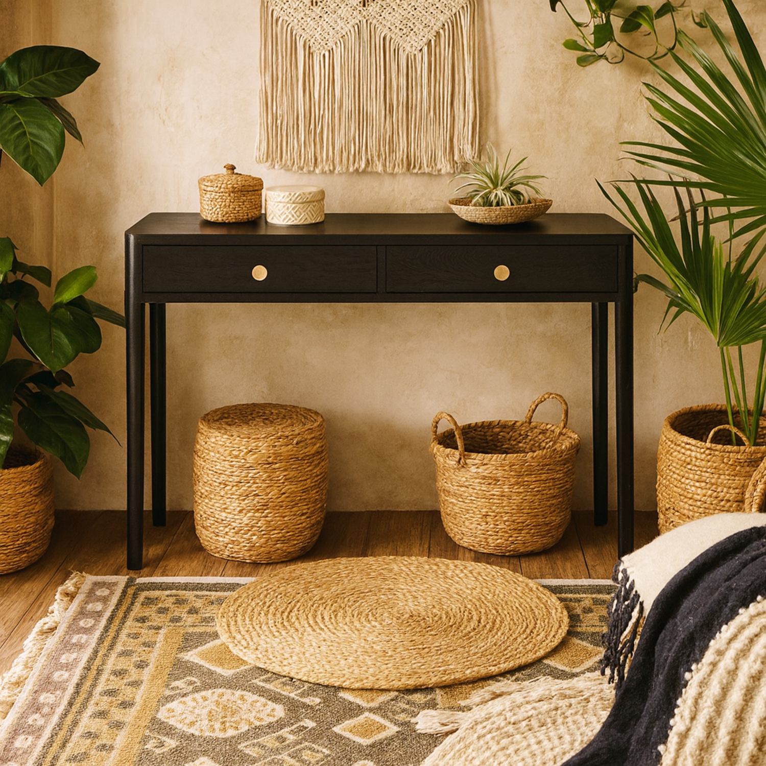 Recife 2 Drawer Desk in Wood Grain with Brushed Brass Handles - Black Wood Grain