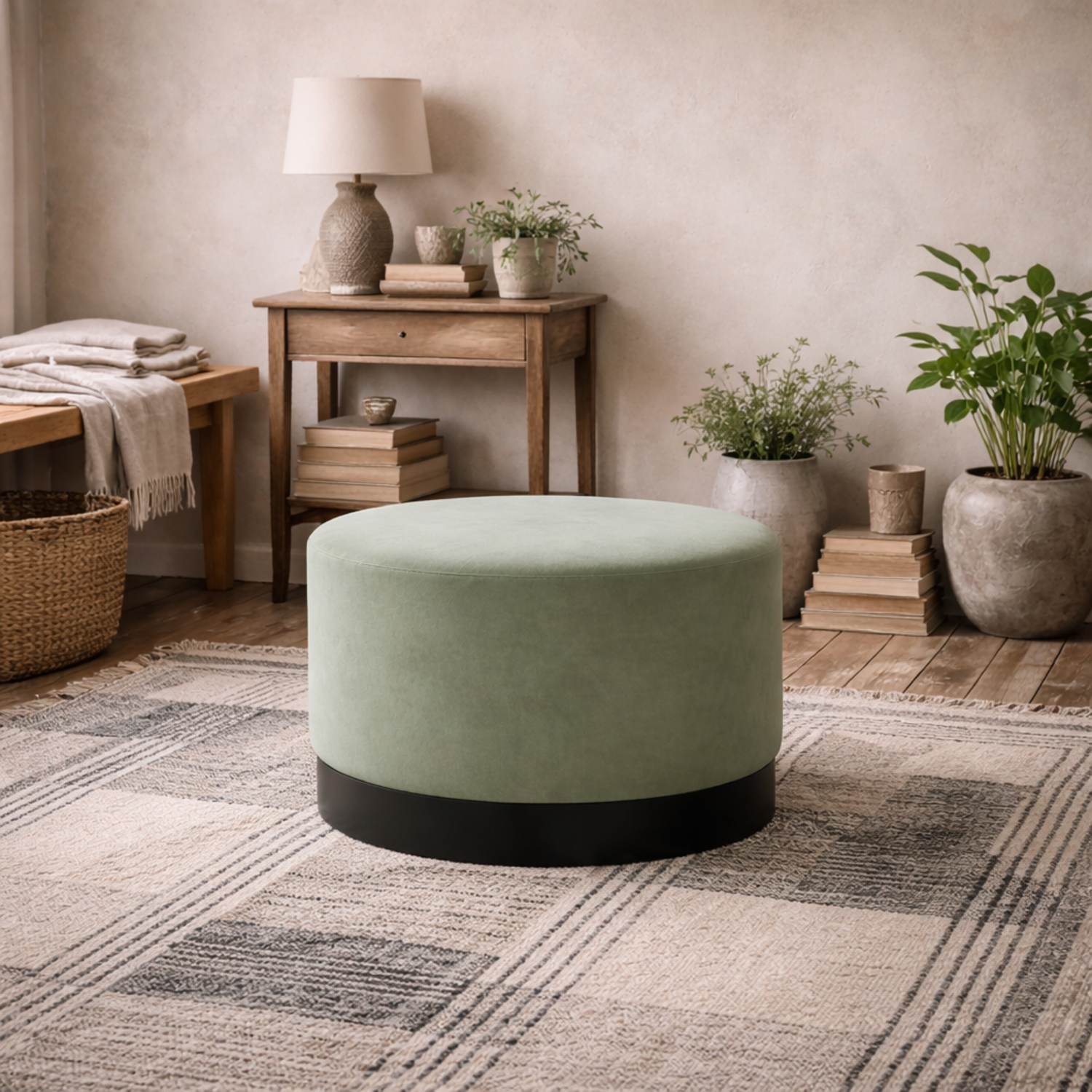 Kalua Large Round Velvet Stool Sage Matt Base - Sage Green