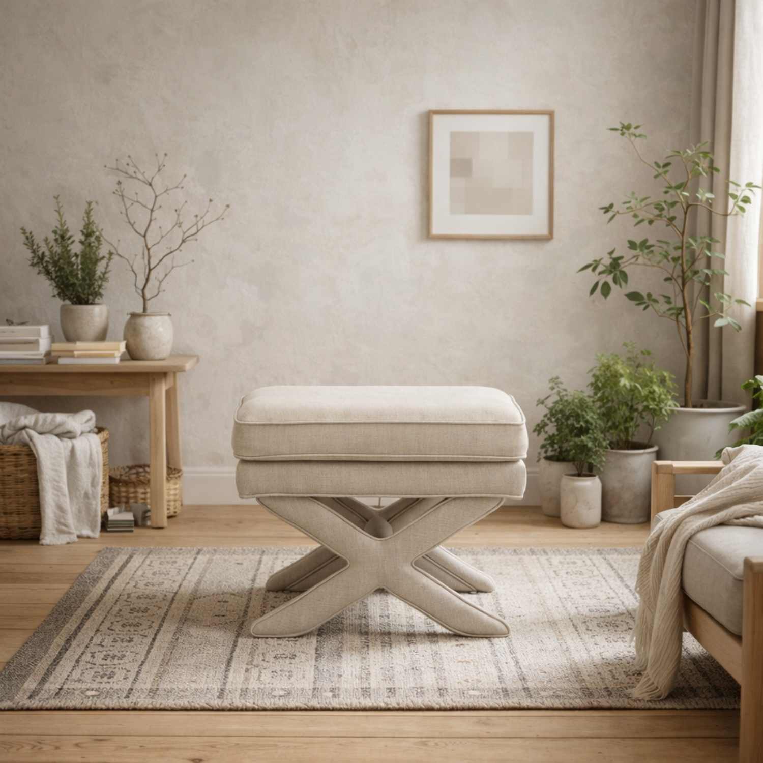 Theodor Stone Linen Blend Upholstered Stool with Cross Legs - Stone