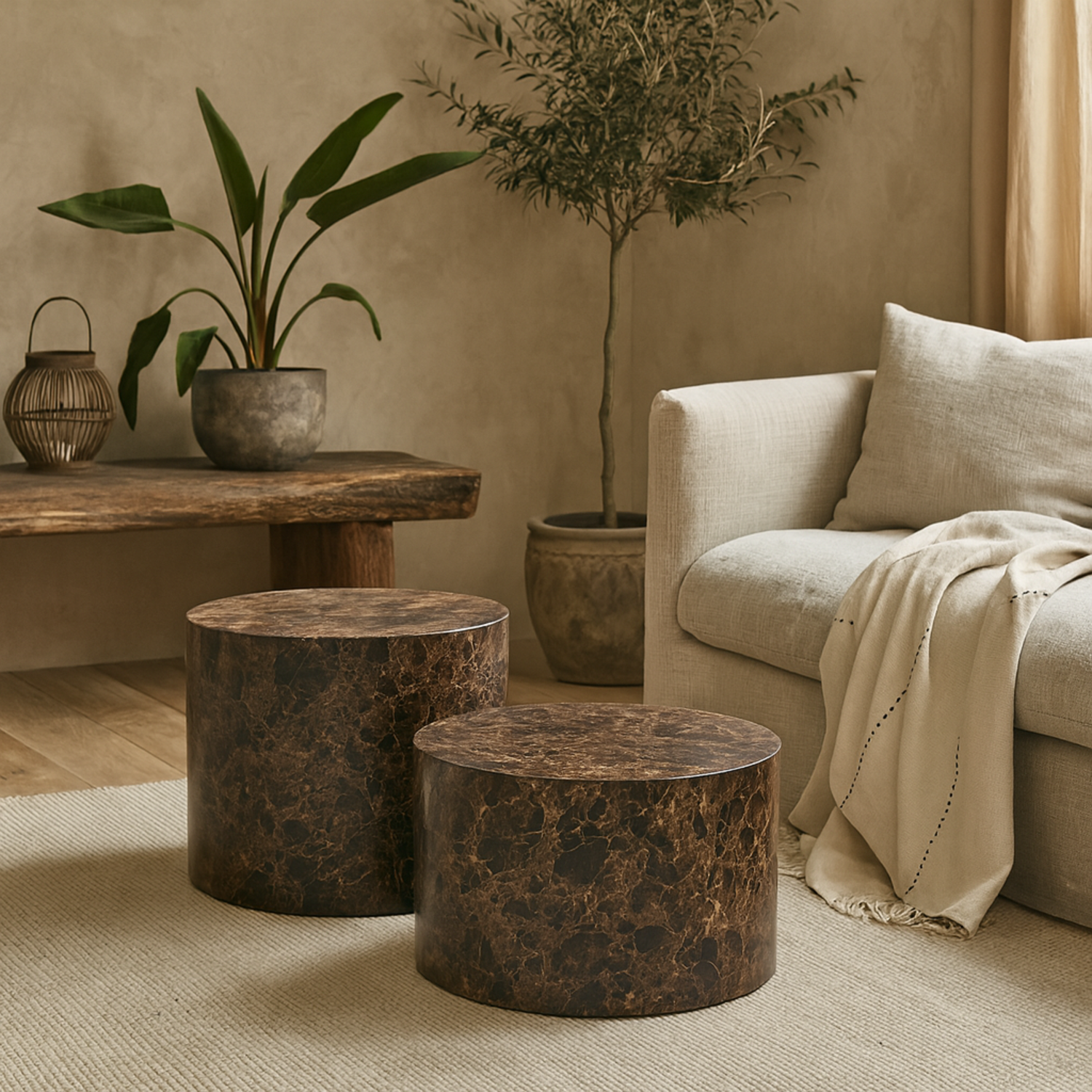 Lille 2 Piece Marble Effect Round Coffee Tables Wood Tabletops - Brown
