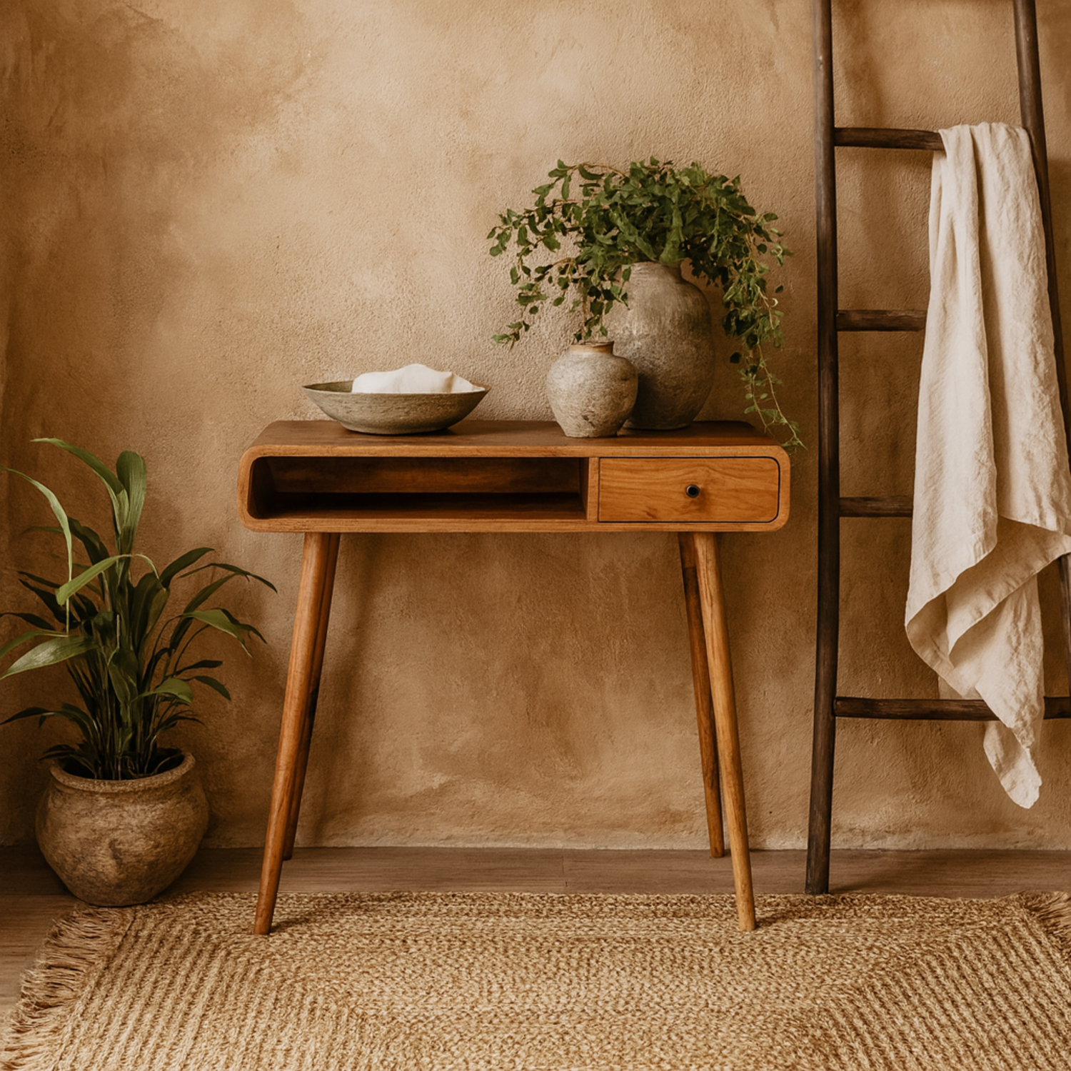 Urbino Mango Wood Writing Desk with Drawer and Shelf Curved Matt Finish - Brown