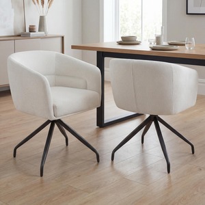 Alden Pair of White Corduroy Swivel Dining Chairs  Black Metal Four Star Base
