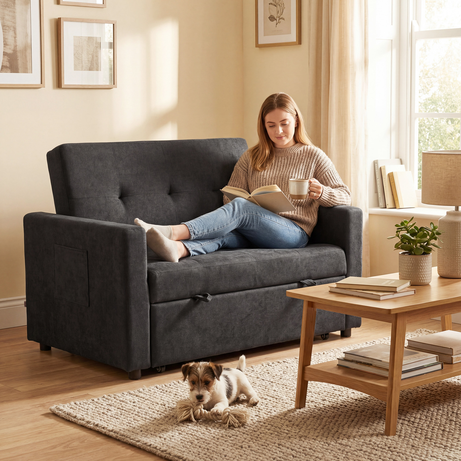 Portland 2 Seater Sofa Bed - Convertible Sleeper - Black Snow Flannel - Black - Image 4
