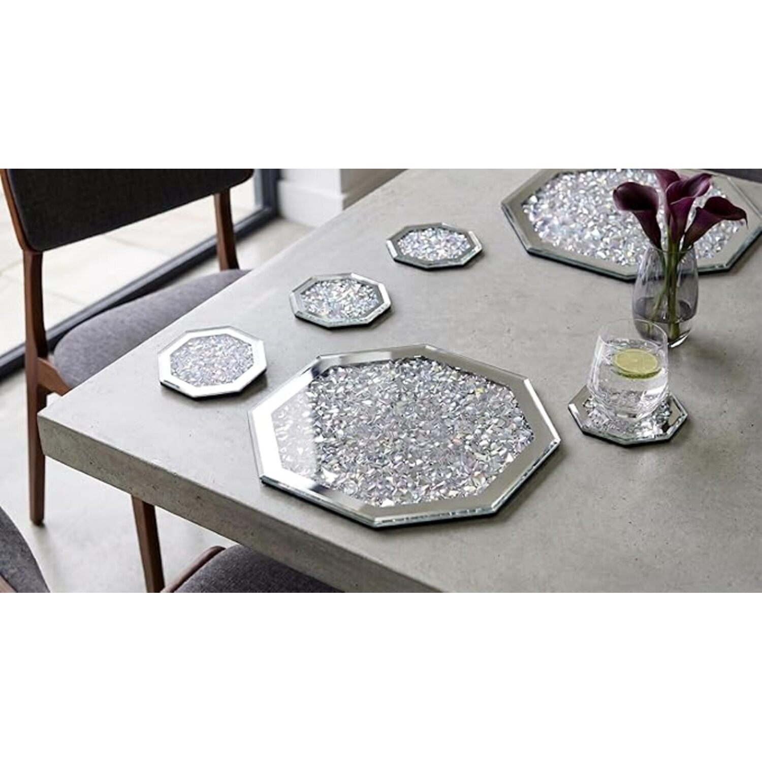 Image of 2x Silver Glass Octagonal Shape Placemat&hellip;