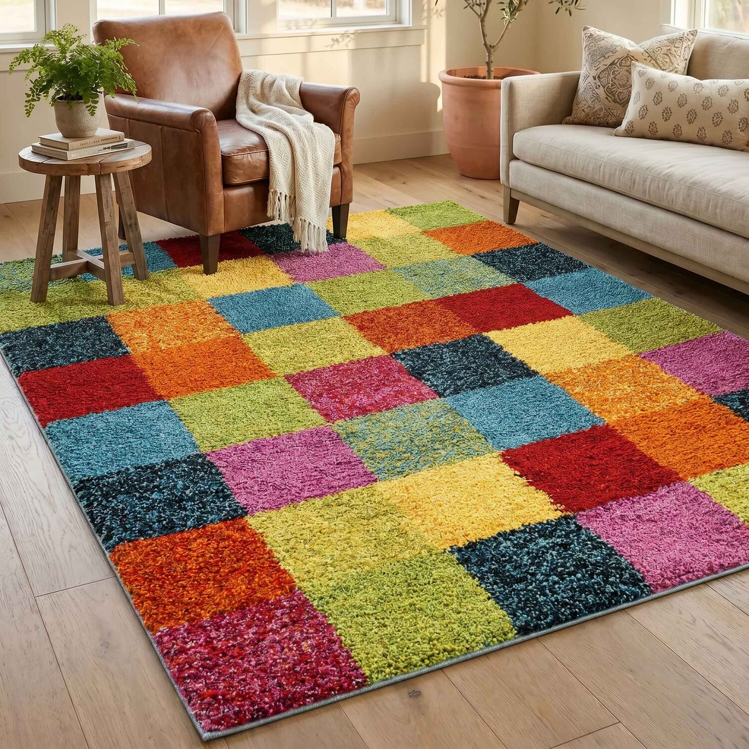 Desire Rugs Rio Modern Living Room Shaggy Area Rug Geometric Abstract Rug Rubix Design - Multi Colour / 170Cm