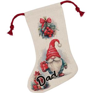 Christmas Dad Gonk Family Stocking - Novelty Xmas Gift - Linen-Style With Red Drawstring Ties