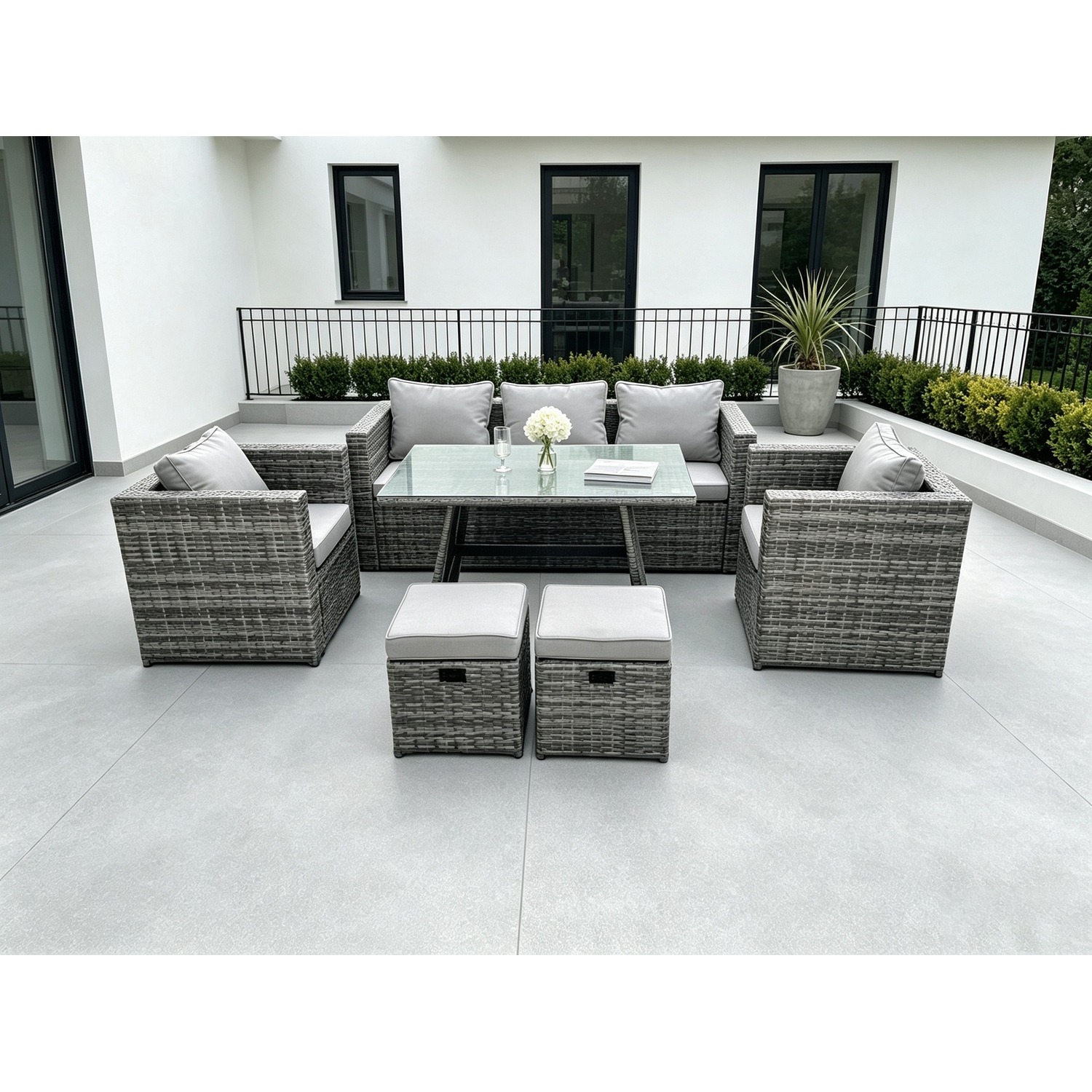 Fimous Unisex Dark Grey Rattan Garden Outdoor Sofa Set Chairs Rectangular Dining Table 2 Footstools 7 Seater In Small - Image 2