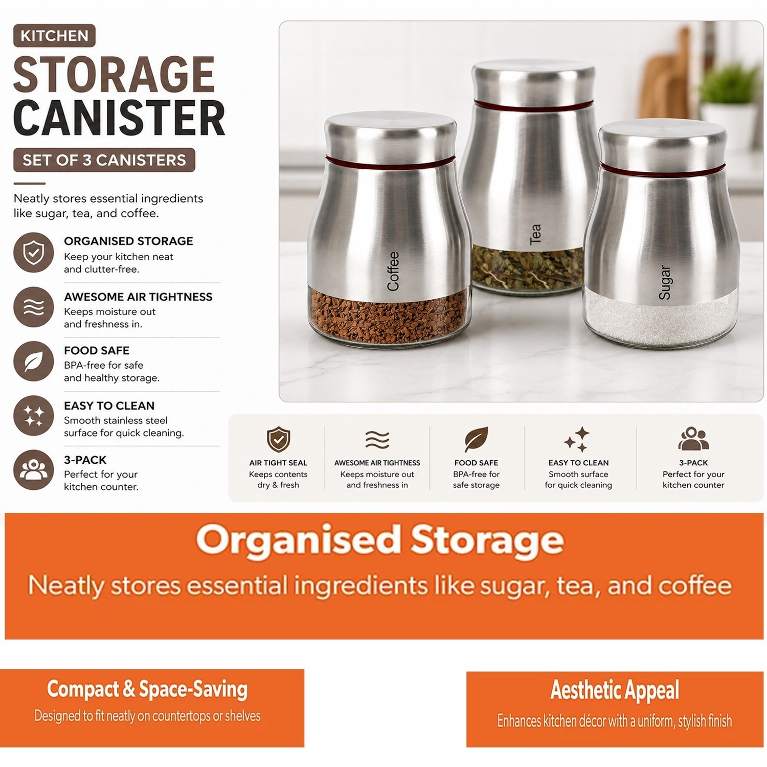 Atek Glass Kitchen Canister Set - Silver