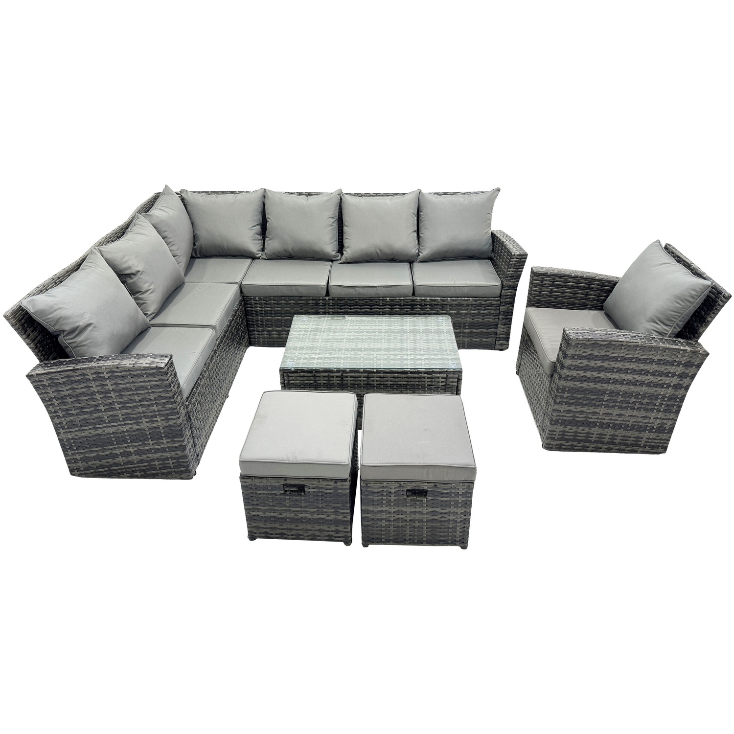 Rackhams 9 Seater High Back Rattan Garden Furniture Set Corner Sofa With Oblong Coffee Table Footstool With Chair - Image 2