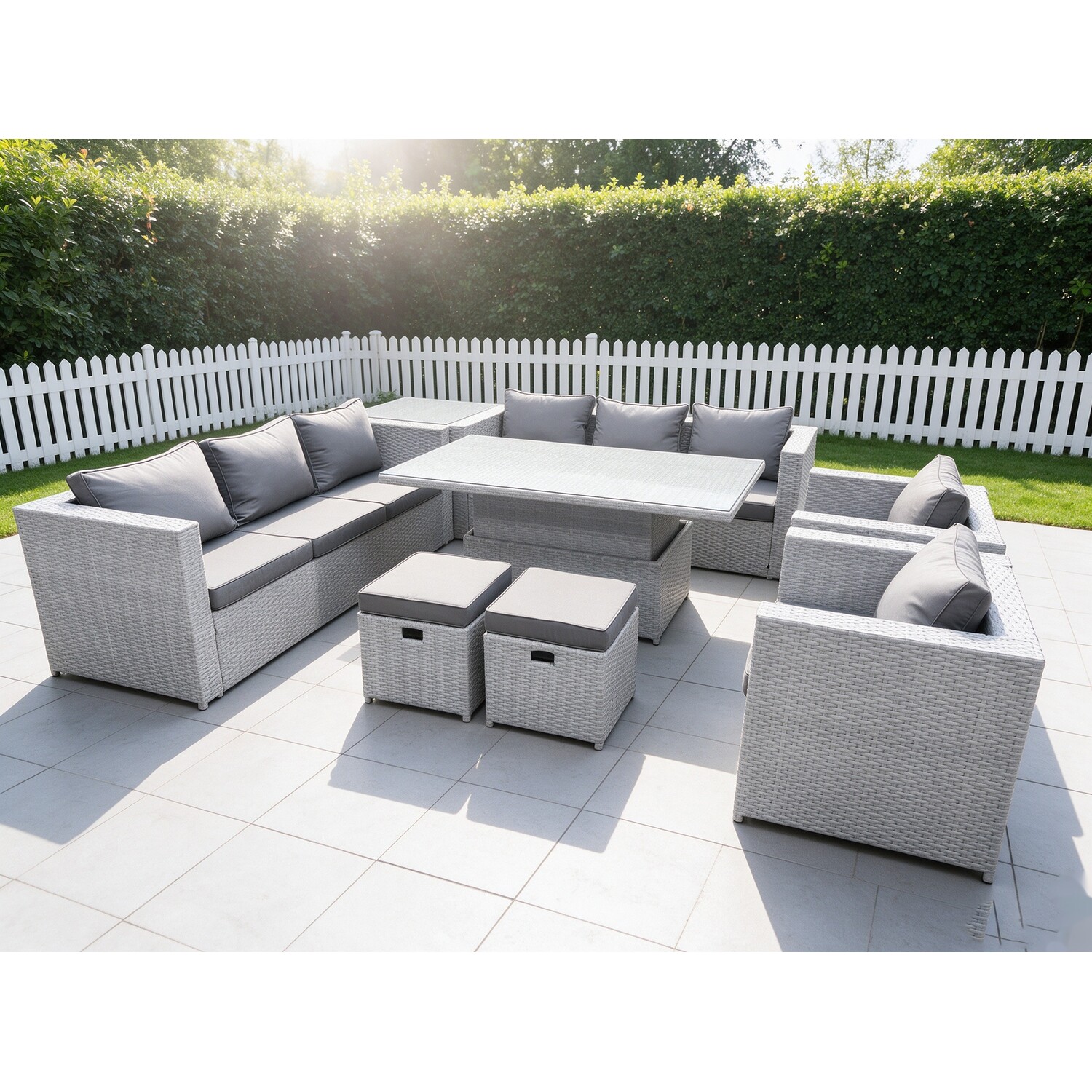 Fimous Light/Grey Rattan Garden Furniture Set With Height Adjustable Rising Table, 2 Sofas, 2 Chairs, 1 Side Table & 2 Stools - 10 Seater - Image 2