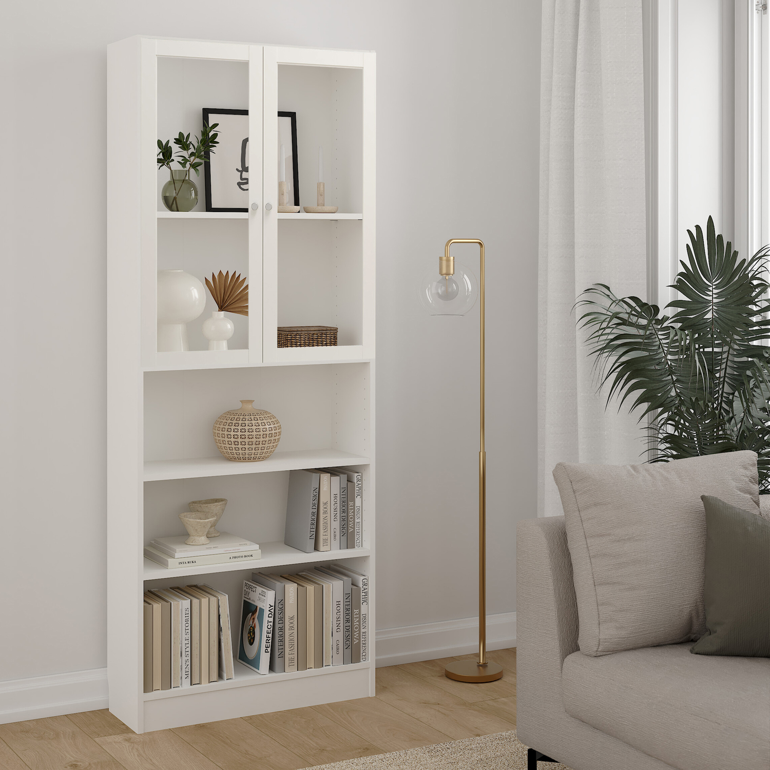 Furniture To Go Basic Tall Wide Display Cabinet (4 Shelves) With 2 Glass Doors - White / White