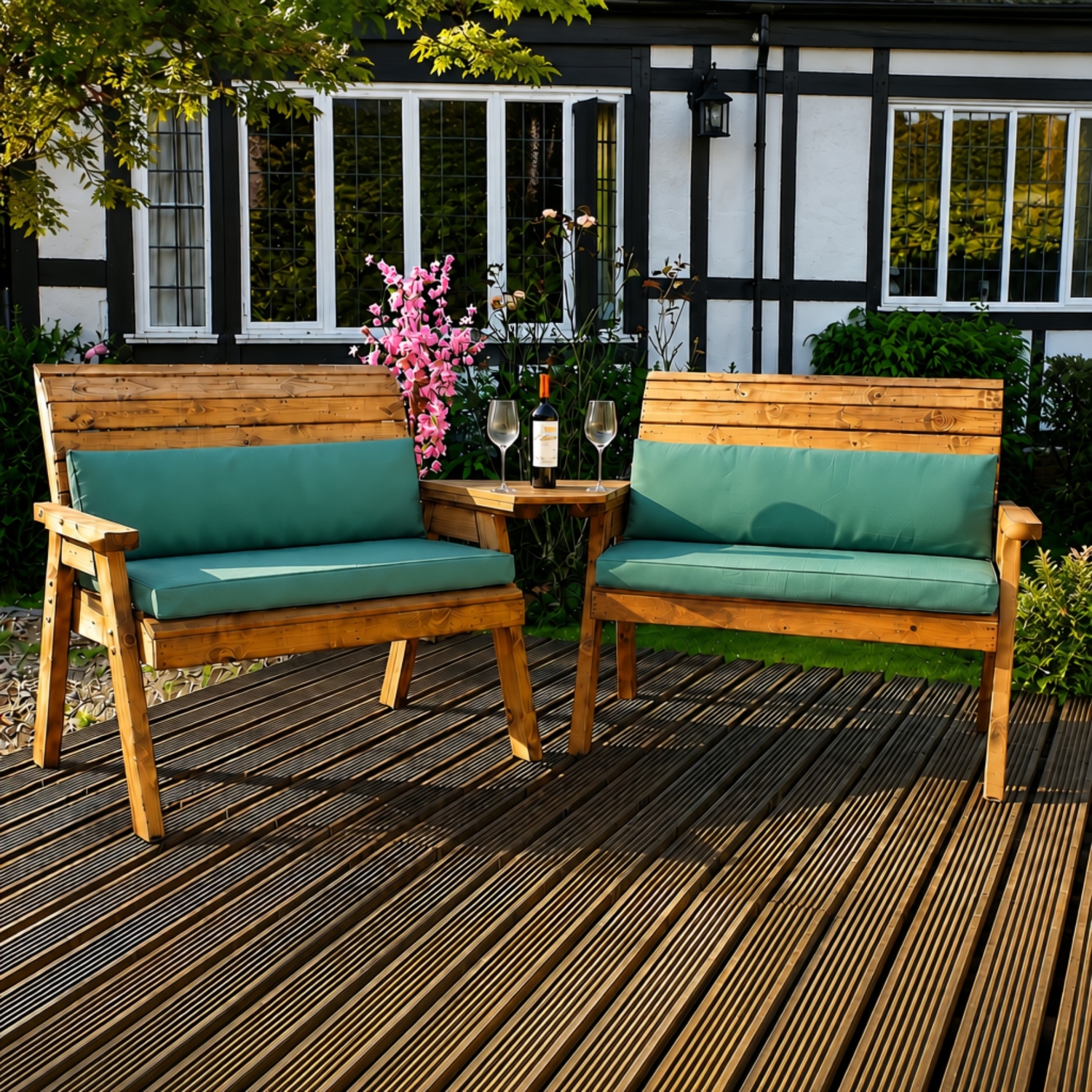 Rackhams Green Hand Made 4 Seater Chunky Rustic Wooden Furniture Set With 2 Benches, Angled Tray & Cushions - Image 2