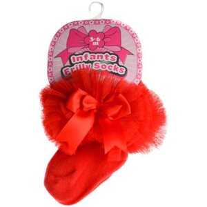 Soft Touch Red Small Plain Frilly Socks With Organza Lace And Bow NB - 6 Months