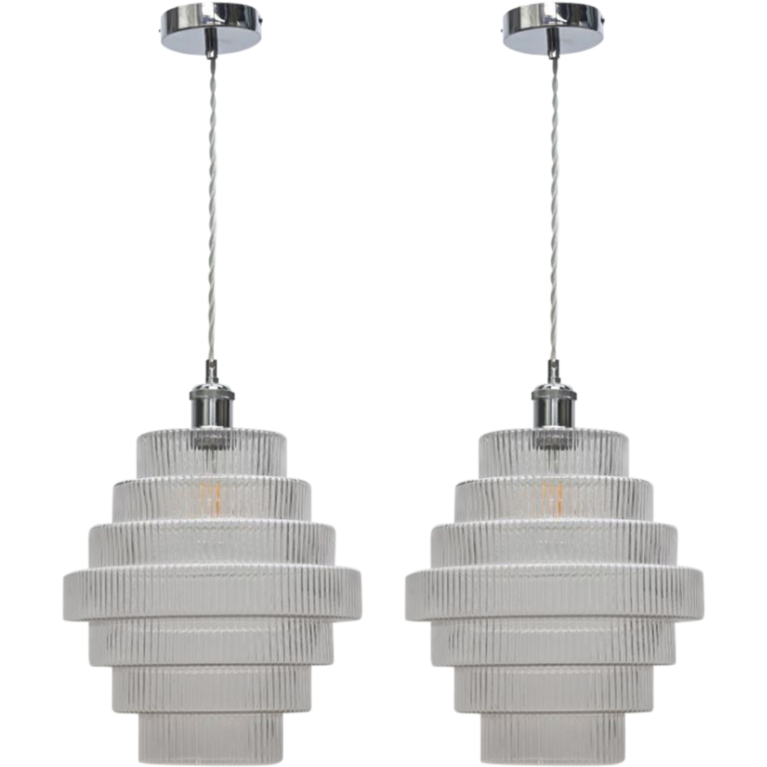 First Choice Lighting Set Of 2 Benson 7 Tier Glass & Chrome Ceiling Pendant Lights - Chrome & Clear
