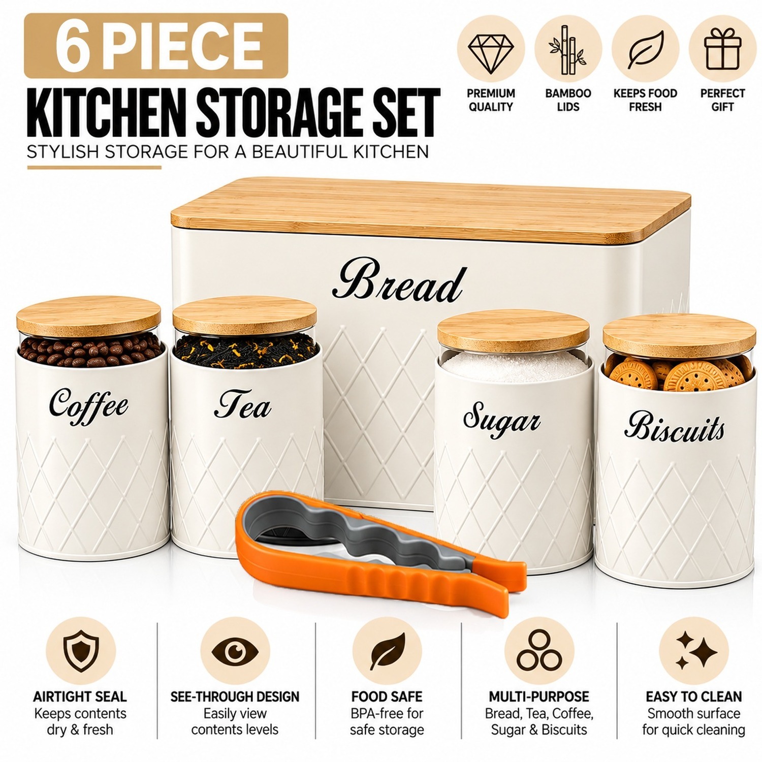 Atek 6Pcs Kitchen Storage Canister Bamboo Lids Tea Coffee Sugar Jars