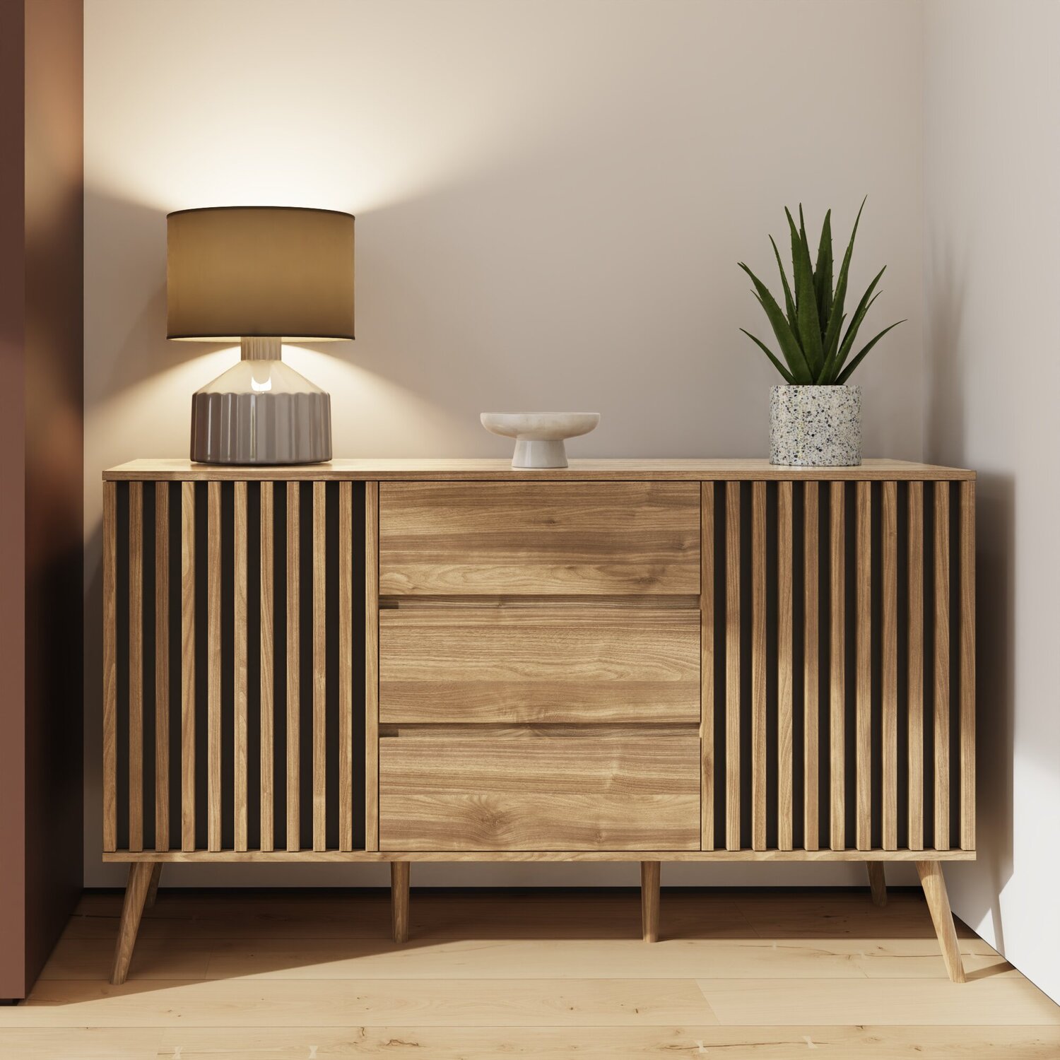 GFW Rowan Oak Effect Large Sideboard - 5 Storage Compartments - Brown - Image 8