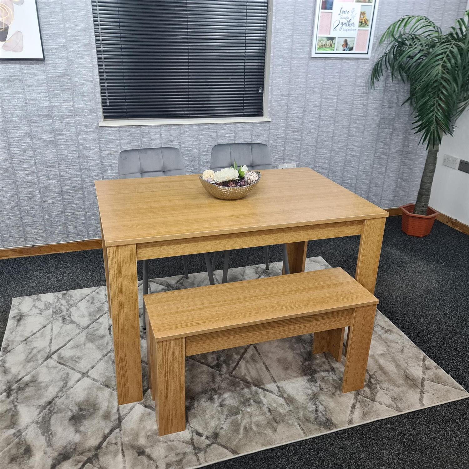 Kosy Koala 4 Seater Modern Light Wood Dining Table Set With 2 Grey Velvet Chairs And Bench - Brown