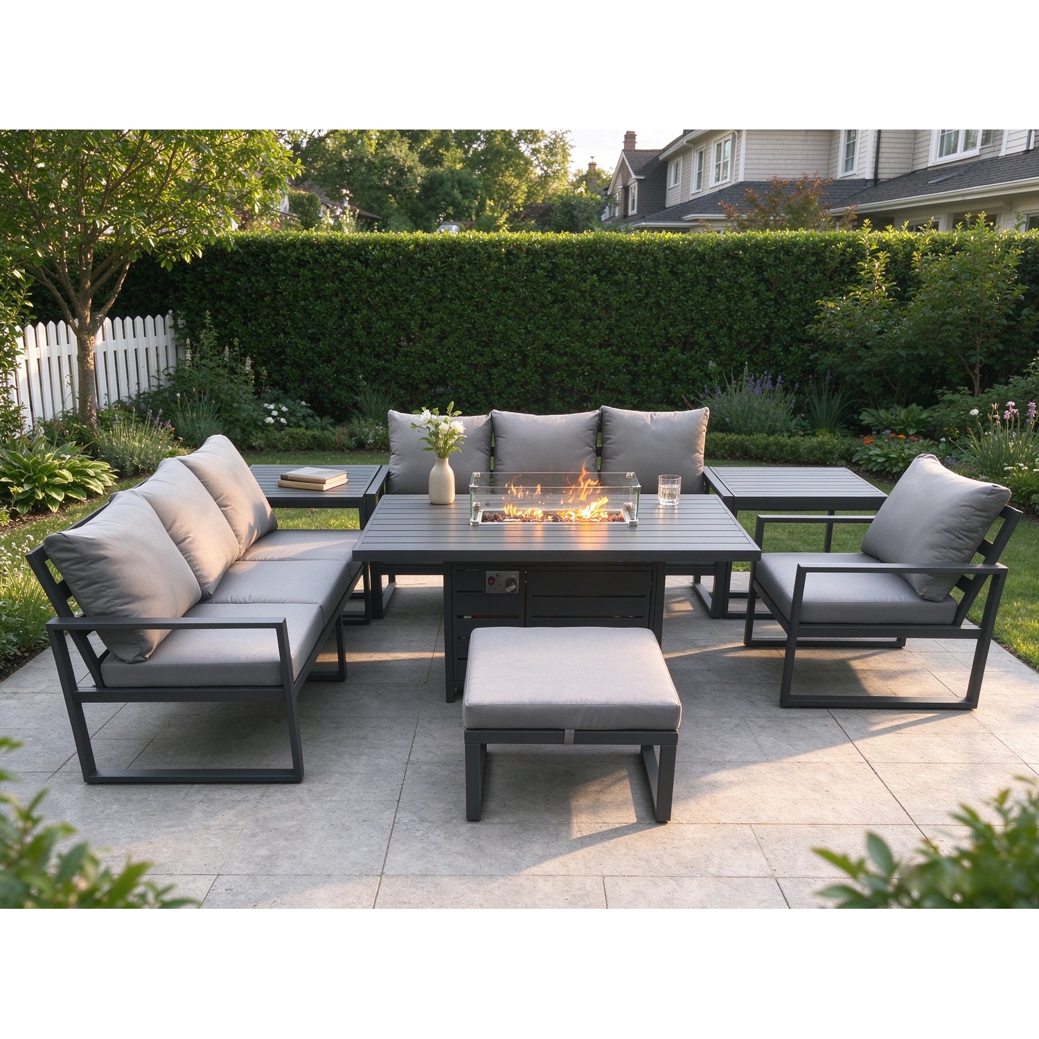 Fimous Dark/Grey Aluminium 7 Pieces Garden Furniture Sofa Set With Cushions 8 Seater Gas Fire Pit Dining Table Set With 2 Side Tables Big Footstool - Image 2