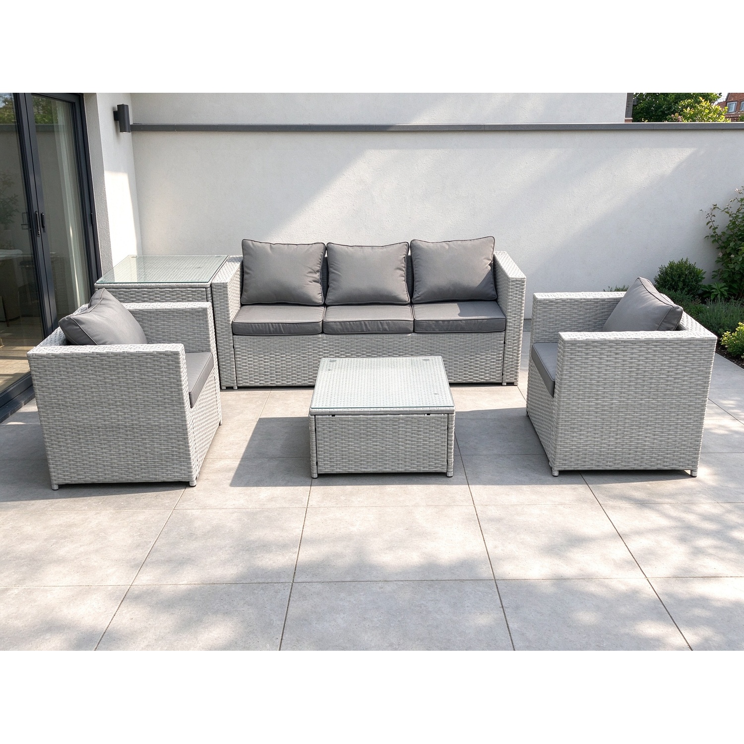 Fimous Light/Grey 5 Seater Rattan Garden Furniture Set With 3 Seater Sofa 2 Chair Square Coffee Table Side Table Mixed - Image 2