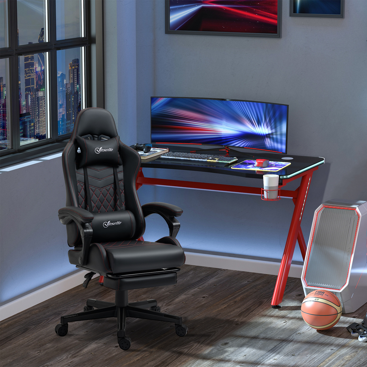 Vinsetto - Racing Gaming Chair with Arm, PU Leather Gamer Recliner - Black and red thumbnail