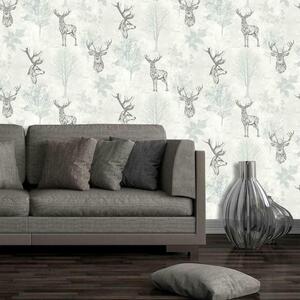 Etched Stag Wallpaper Head Mono White Grey Nature Highland Cabin 901808