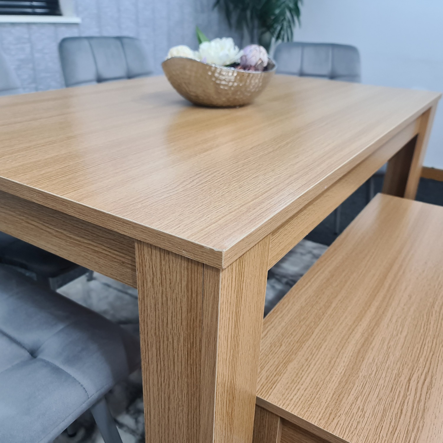 Oak Wooden Table With 4 Tufted Velvet Grey Chair And 1 Bench Dining Set - Oak Grey
