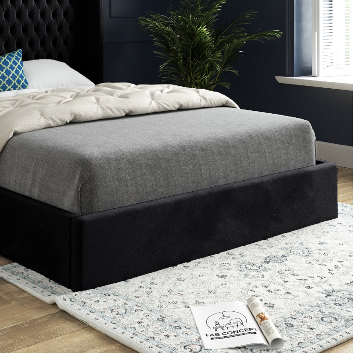 Rana Curved Top Winged Upholstered Soft Velvet Bed Frame - Black Small Single