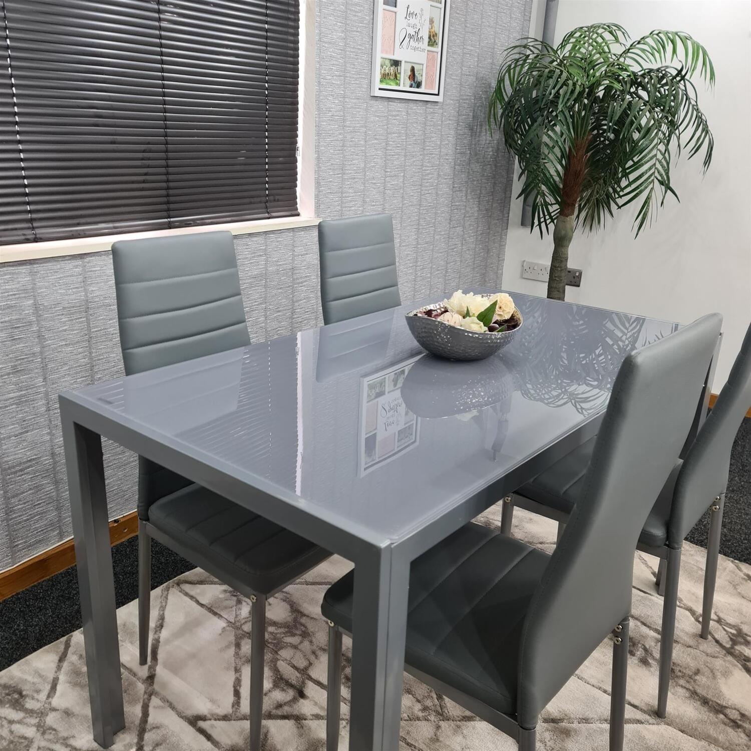 Dining Grey Glass Table With 4 Grey Faux Leather Chairs And 1 Bench Set