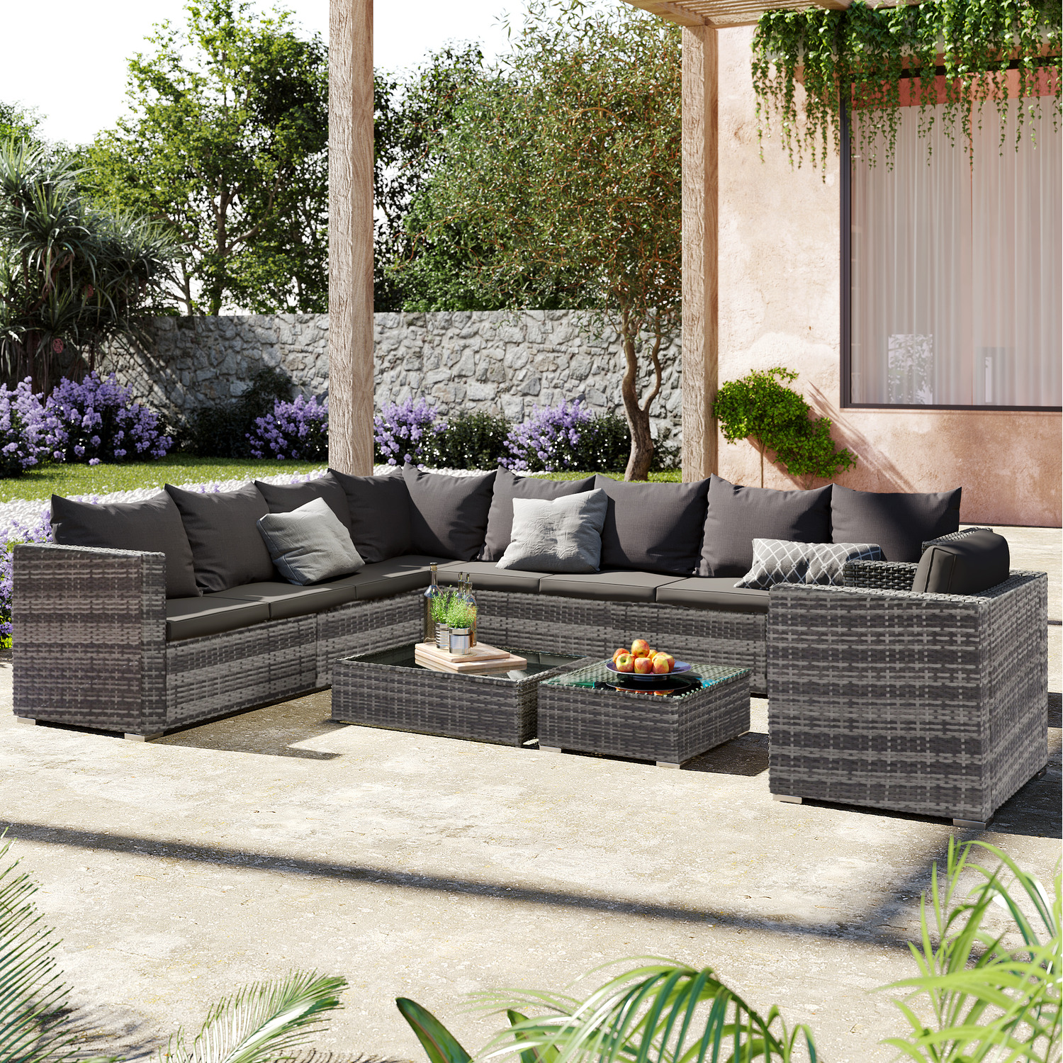 9 Seater Large Rattan Outdoor Garden Corner Sofa Set Patio Dining Set - Grey