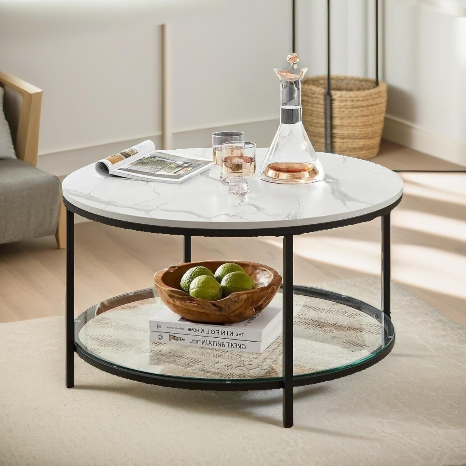 2 Tier Round Faux Marble Coffee Table Living Room Furniture - White