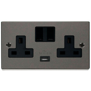 Black Nickel 2 Gang 13A 1 USB Twin Double Switched Plug Socket