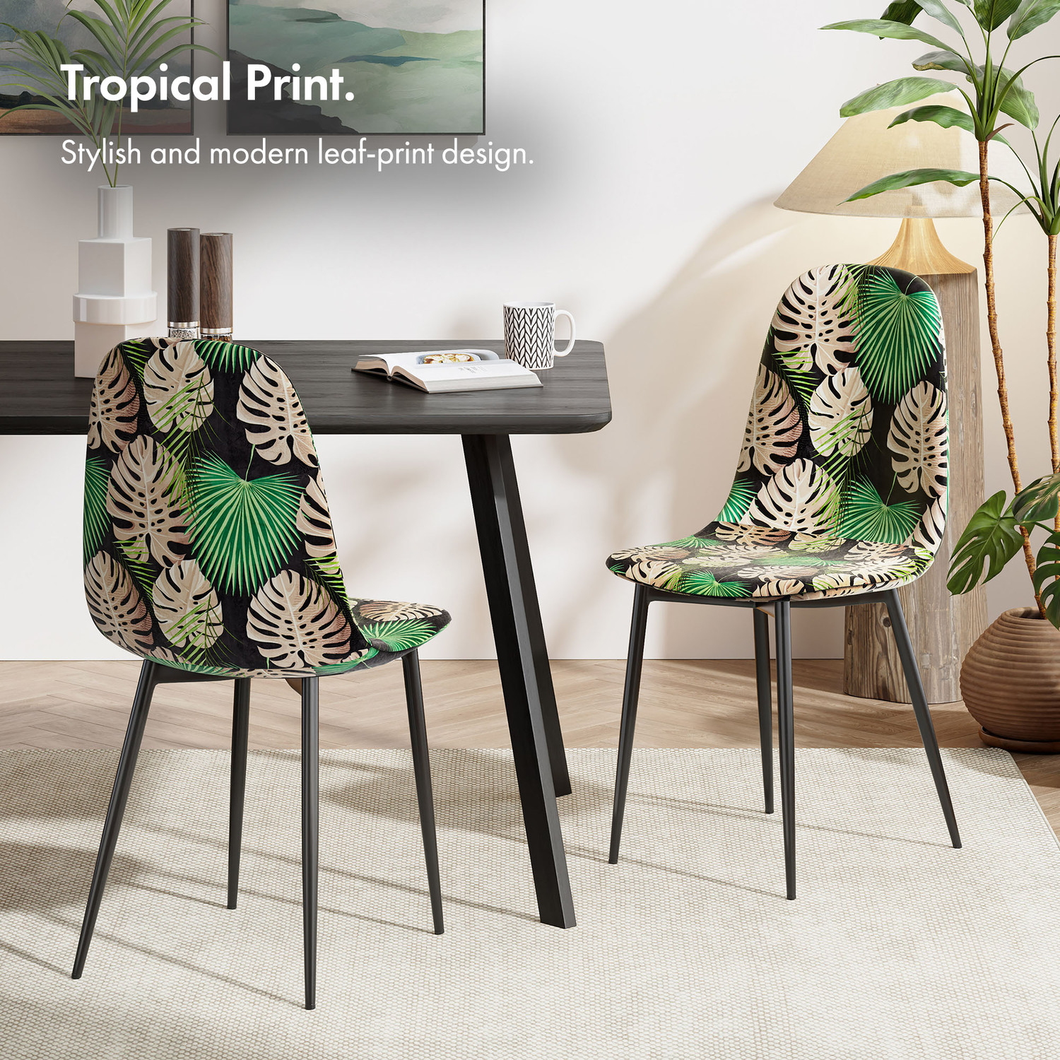 Velvet Dining Chairs With Palm Print - Black Green 6