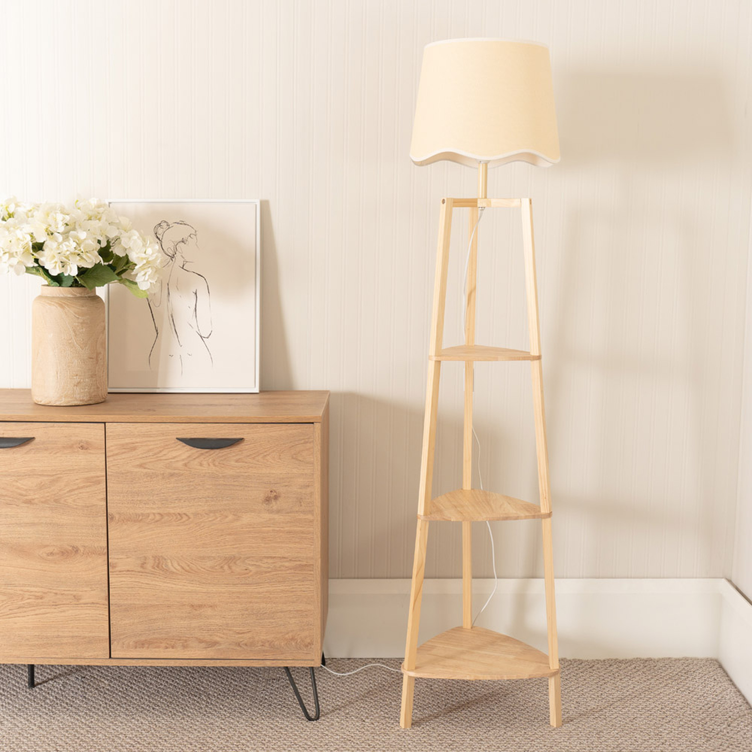 Hiru Three Tier Wooden Shelf Floor Lamp With Scallop Shade - White Bulb Included