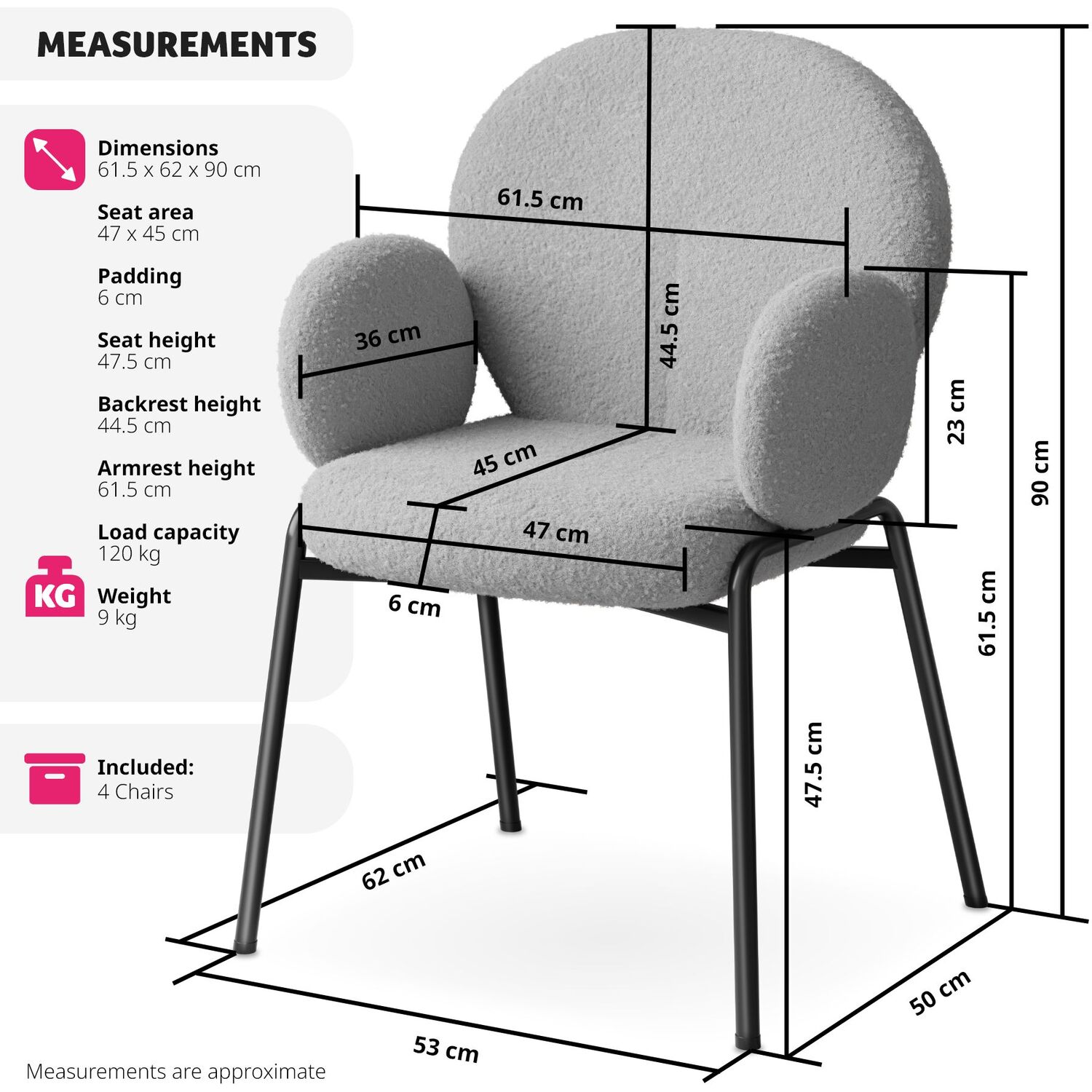 Dining Chair Scandi - Padded Boucle Cover High Backrest - Light Grey 90cm 4