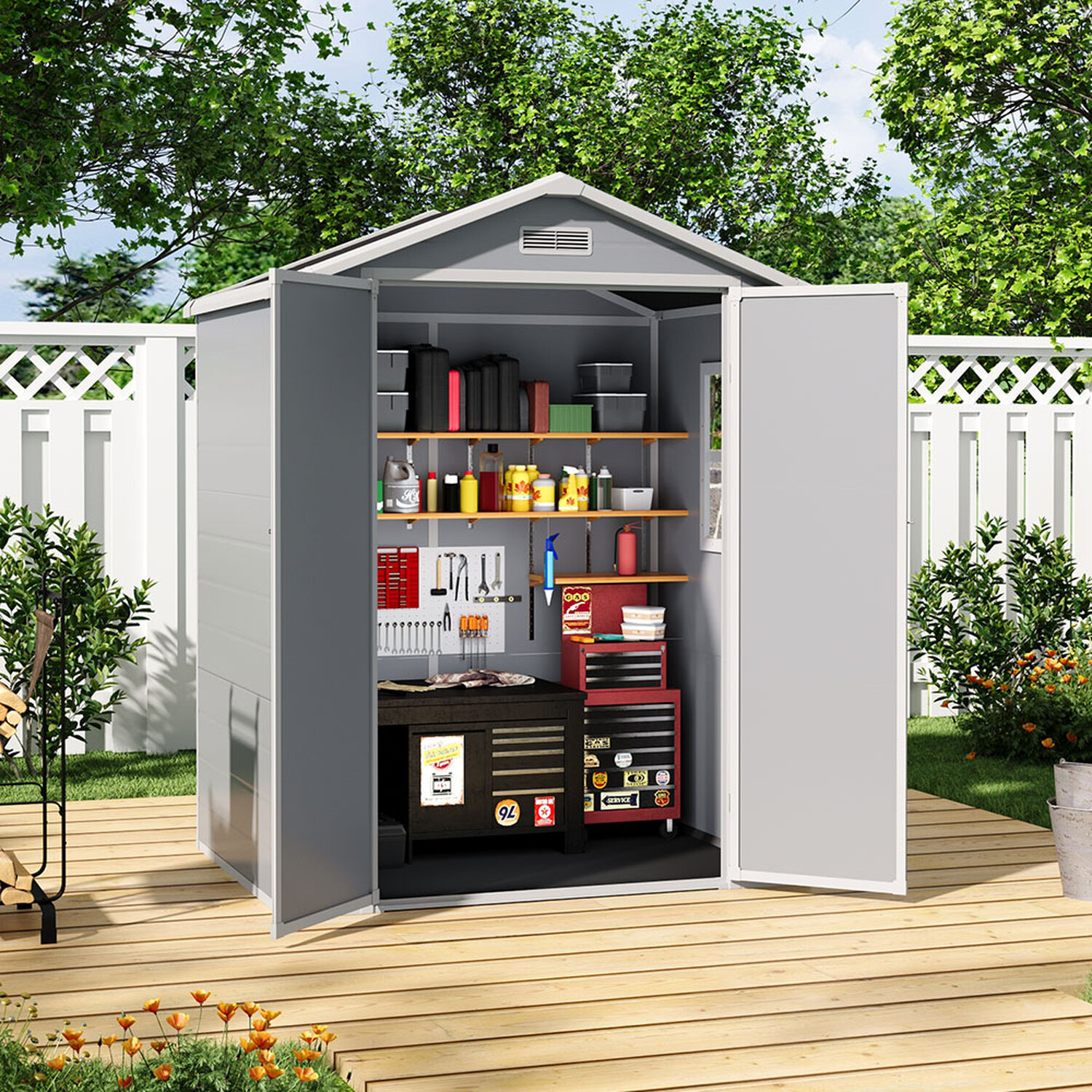 Grey Open Gable Roof Plastic Tool Storage Shed with Window and Vent