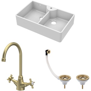 Fireclay 2 Bowl 1 Tap Hole Butler Sink Tap Hole Wastes Tap 895mm