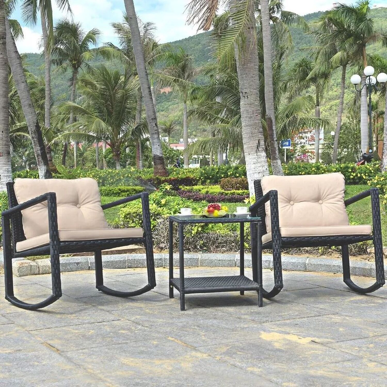 3 Piece Outdoor Rocking Bistro Set Pe Rattan With Cushion - White