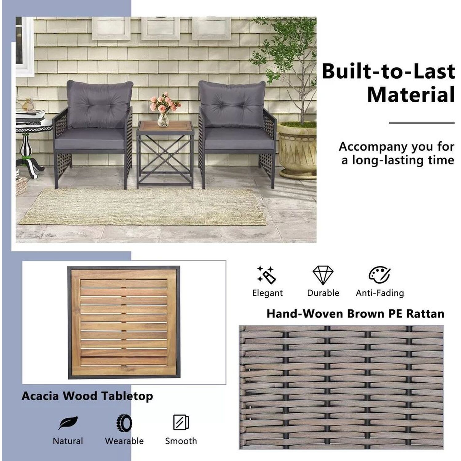 3 Piece Rattan Conversation Set Patio Wicker Chairs And Coffee Table Set - Grey