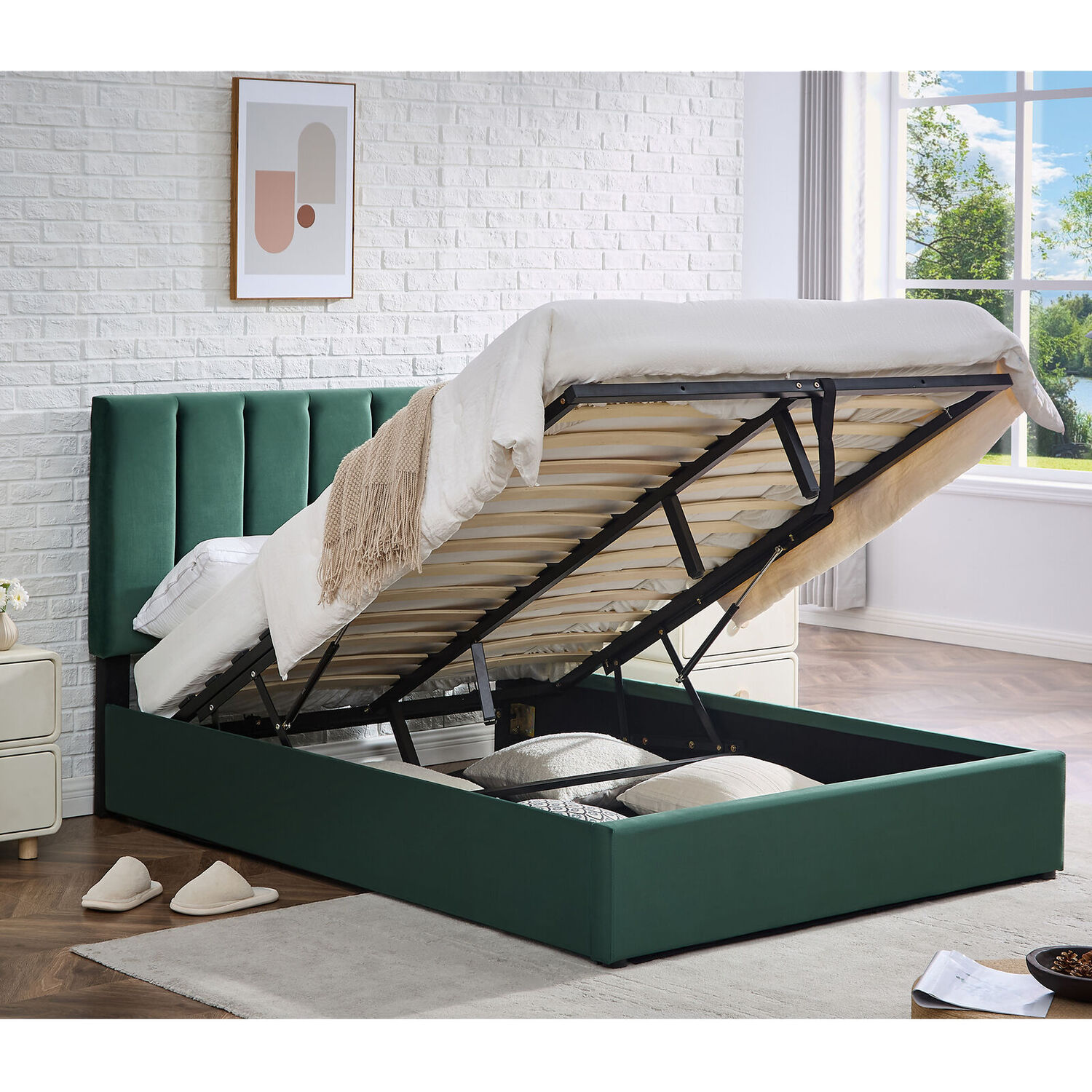Upholstered Platform Bed with Adjustable Headboard Storage - Green / 162cm