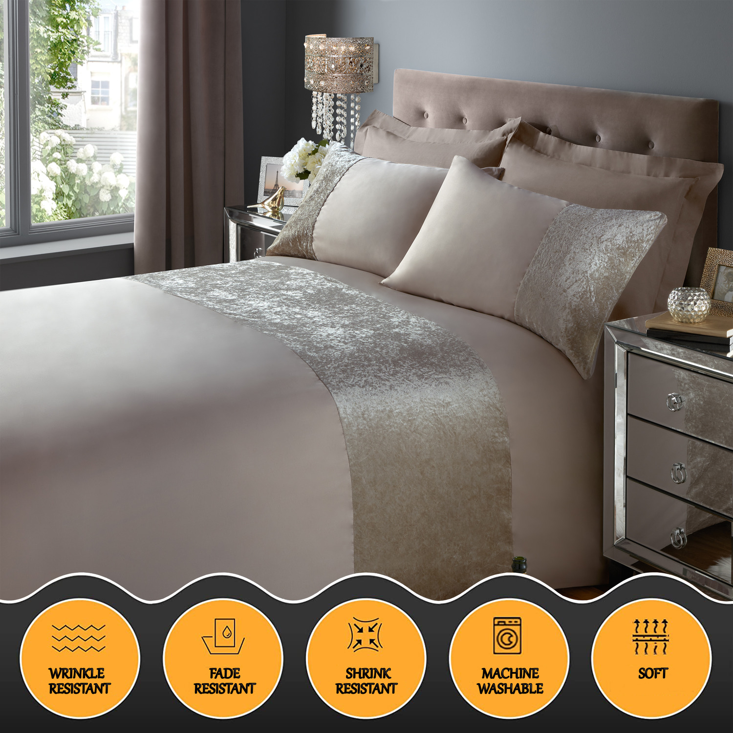 Band Crushed Velvet Duvet Cover Sets - Brown 2x Pillowcase Double