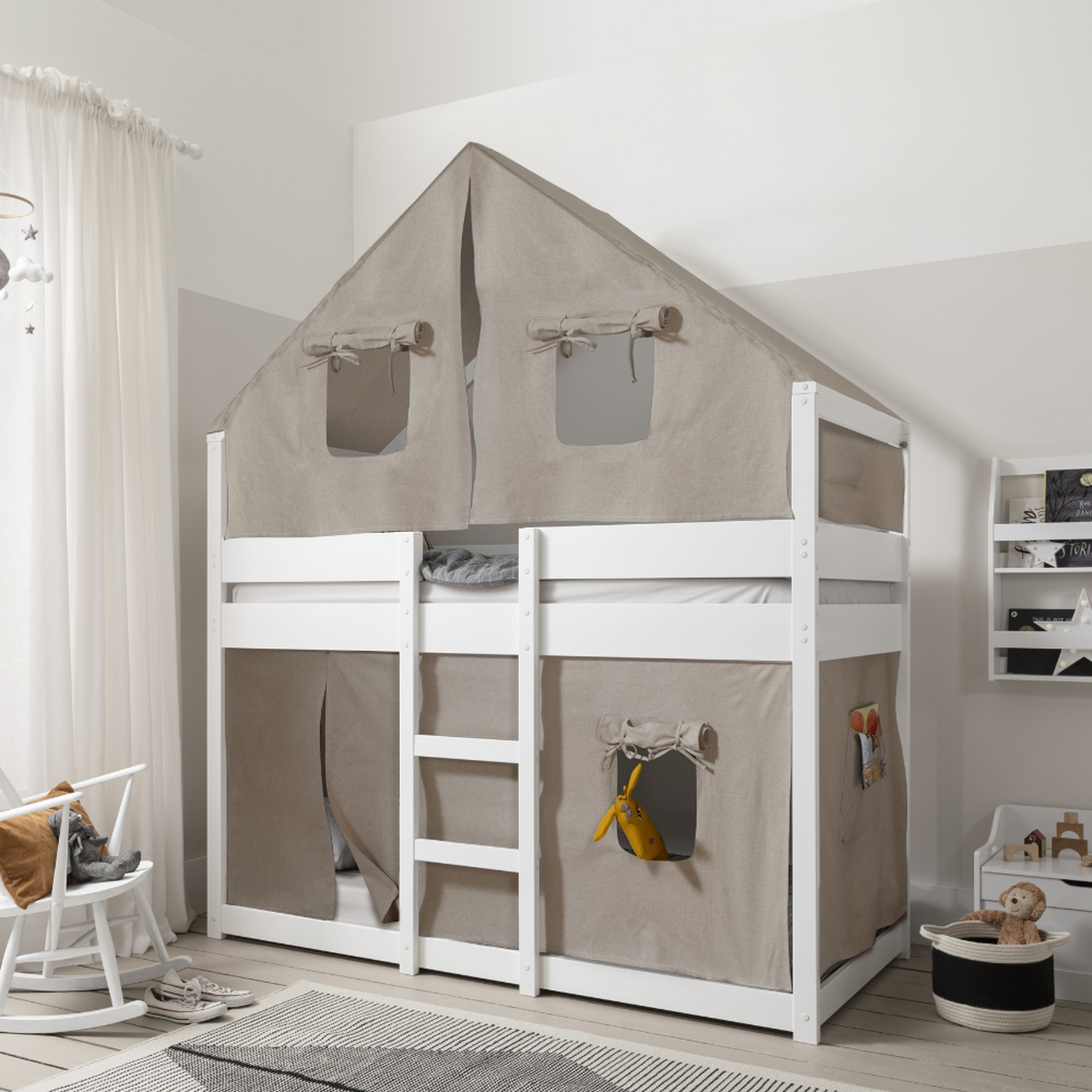 Sofie Bunk Bed House Cabin With Canvas Tent - White