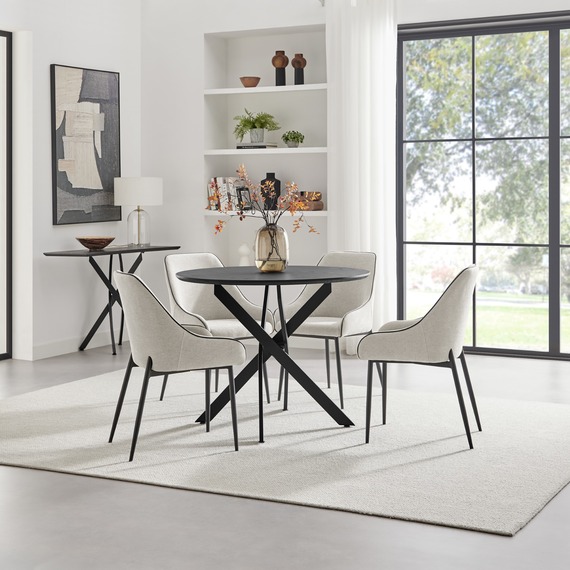 Novara 100cm Black Top Black Leg Round Dining Table  4 Cream Beaumont Chairs