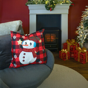 Christmas Themed Cushion Red checkered With Snowman