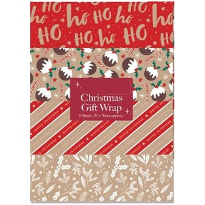 8 Christmas Wrapping Paper Sheets Kraft Effect Traditional 50cm x 70cm