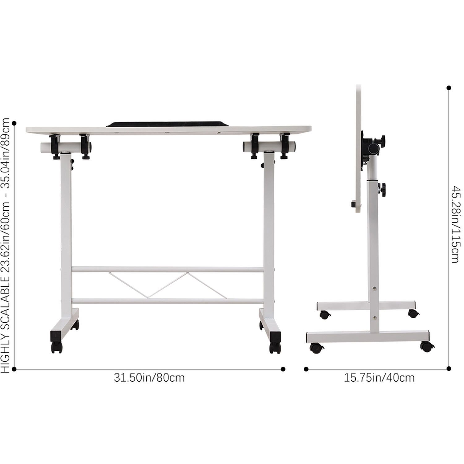 Height Adjustable Bed Table On Wheels - White