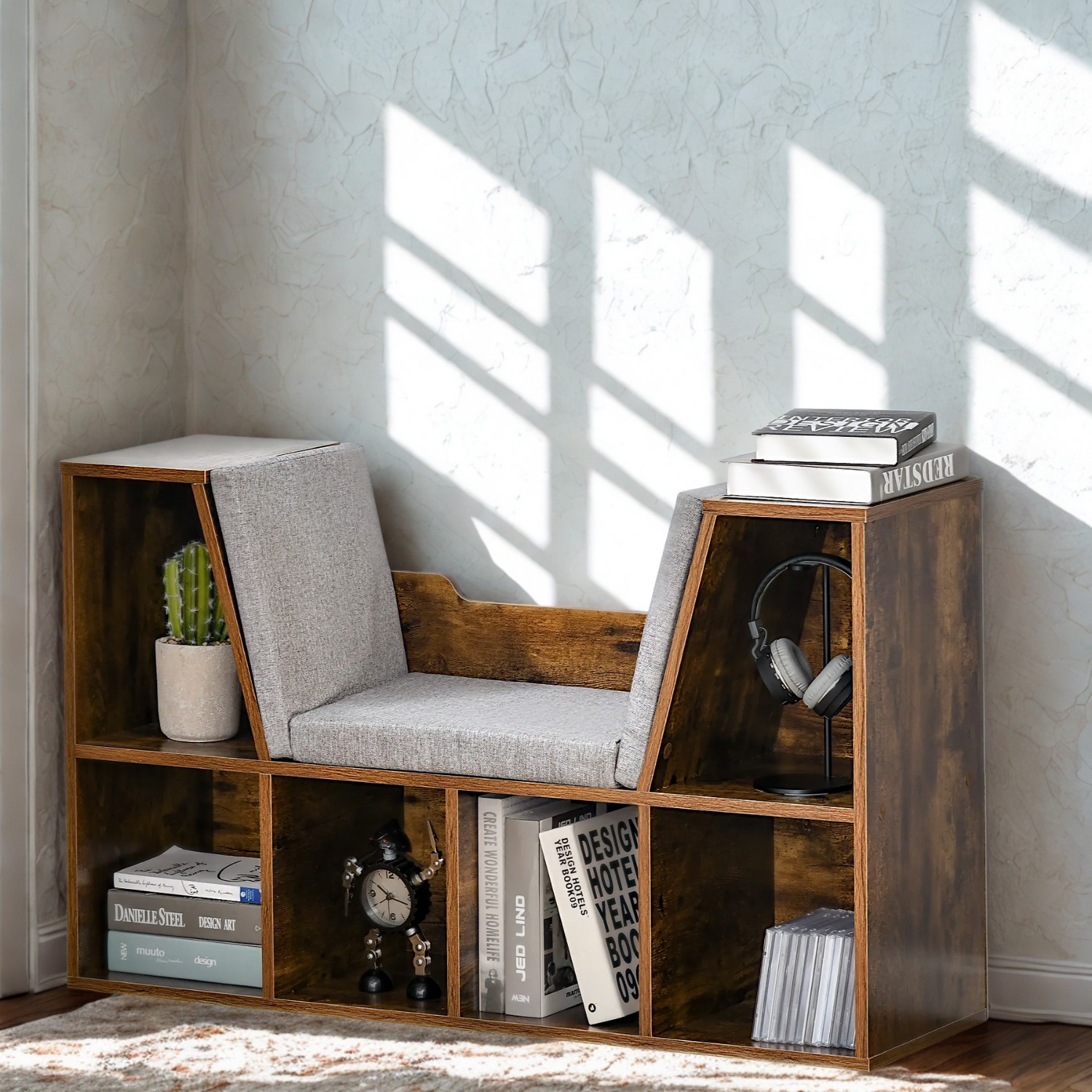Modern Bookcase Storage Cabinet With Reading Seat - Rustic Brown