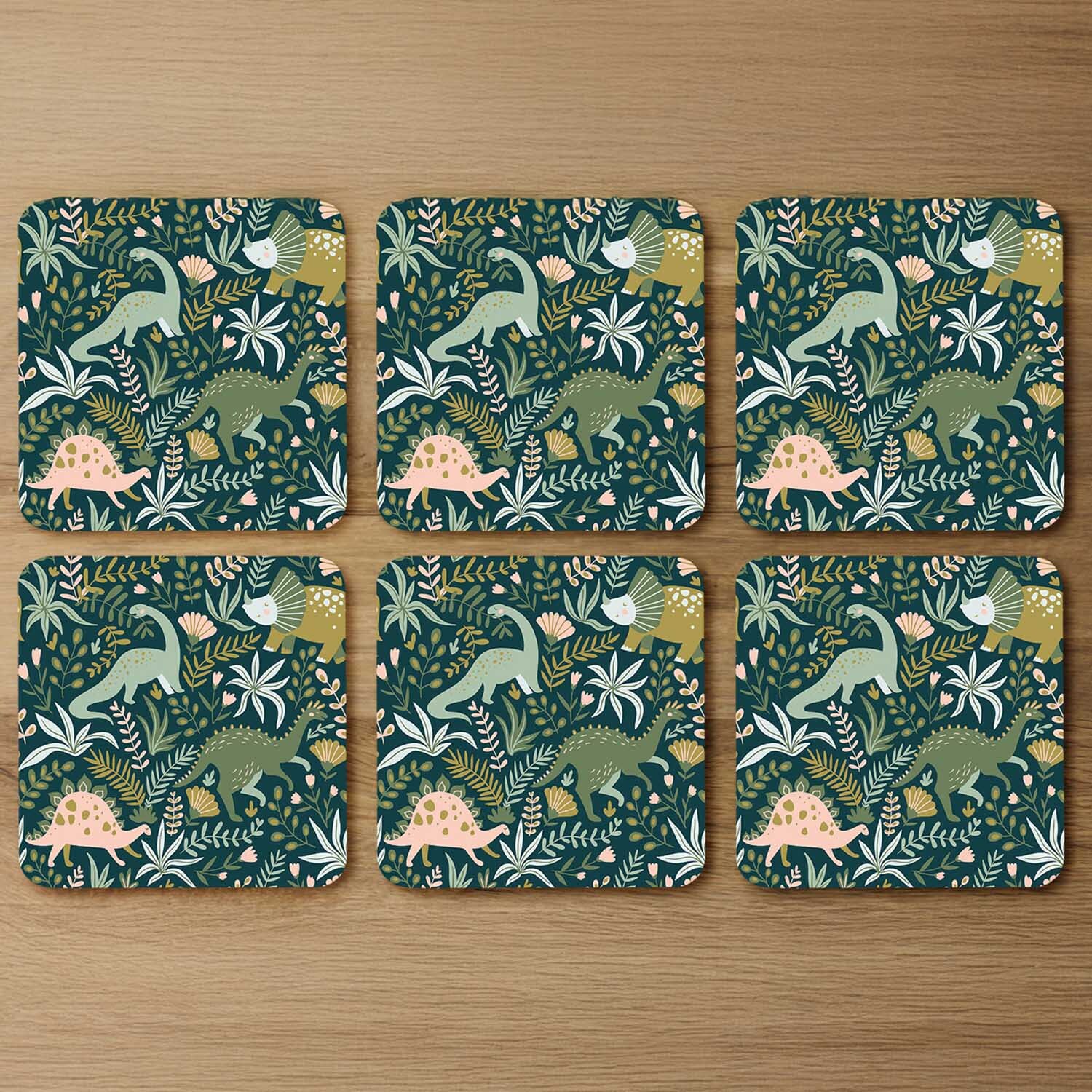 Hand drawn dinosaurs and tropical leaves and flowers. Designer Coaster Set - Green