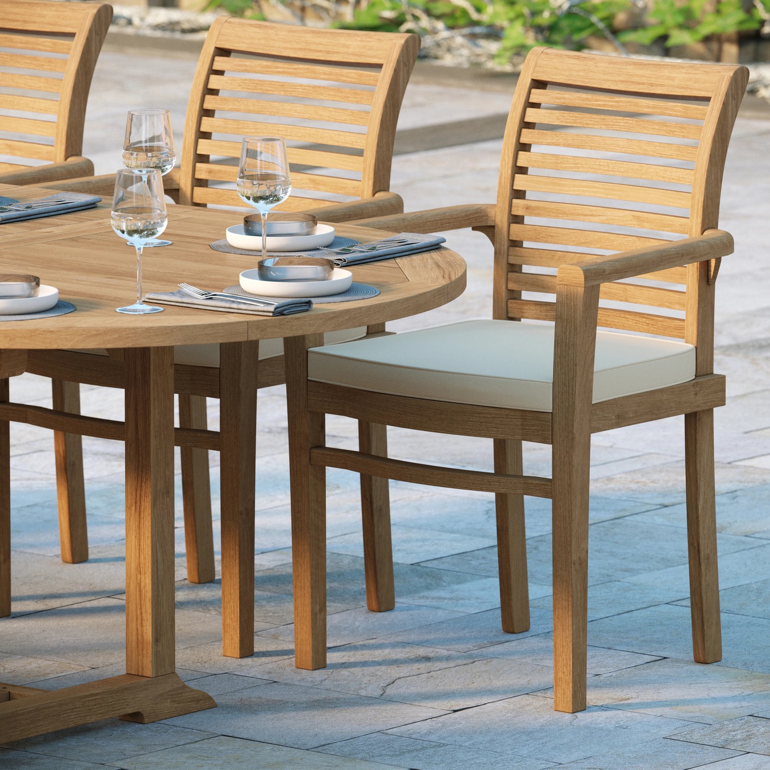Corfu Teak Garden Dining Table And 10 Seat Chair Set - Teak Table 6 Chairs 2 Benches Cream Cushions